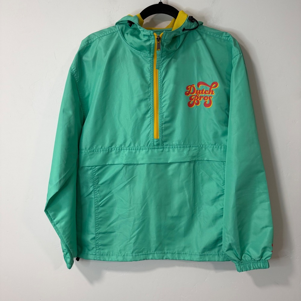 Dutch Bros Unisex Windbreaker Jacket Medium Green Excellent Half Zip Hooded‎